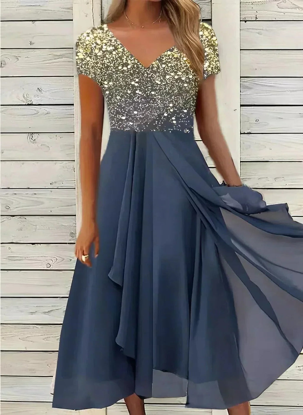 Abito da Festa in Chiffon per Donna Elegante con Maniche Lunghe e Scollo a V - Vestito da Cerimonia-VISOTKI