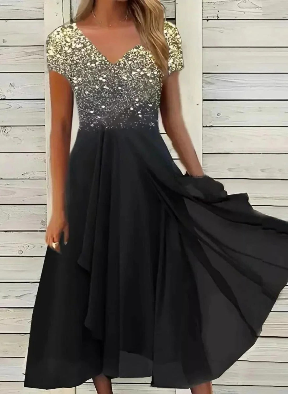 Abito da Festa in Chiffon per Donna Elegante con Maniche Lunghe e Scollo a V - Vestito da Cerimonia-VISOTKI
