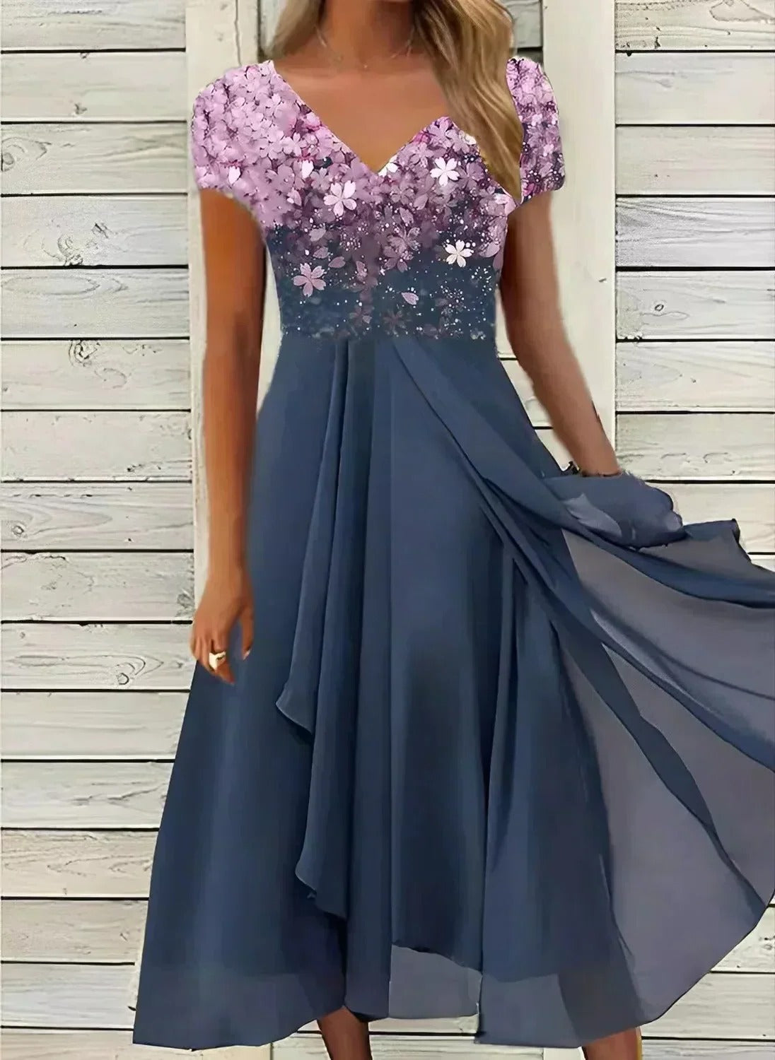 Abito da Festa in Chiffon per Donna Elegante con Maniche Lunghe e Scollo a V - Vestito da Cerimonia-VISOTKI