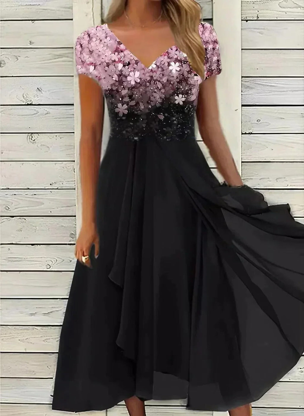 Abito da Festa in Chiffon per Donna Elegante con Maniche Lunghe e Scollo a V - Vestito da Cerimonia-VISOTKI