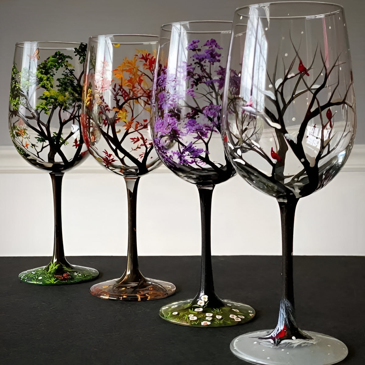 Bicchieri da Vino in Vetro Dipinti a Mano - Design Albero delle Quattro Stagioni - Set per Tavola Elegante-VISOTKI