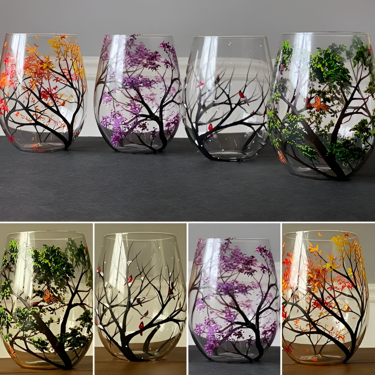 Bicchieri da Vino in Vetro Dipinti a Mano - Design Albero delle Quattro Stagioni - Set per Tavola Elegante-VISOTKI