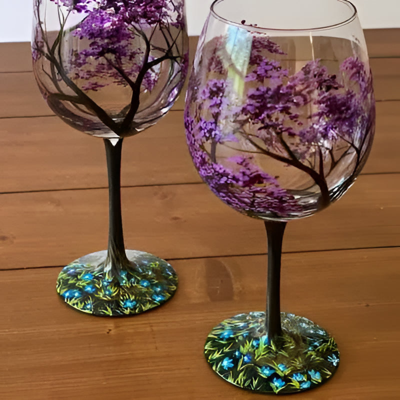 Bicchieri da Vino in Vetro Dipinti a Mano - Design Albero delle Quattro Stagioni - Set per Tavola Elegante-VISOTKI