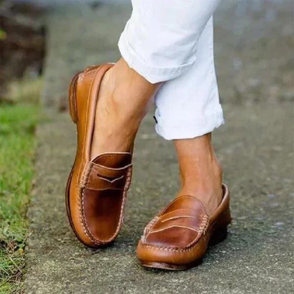 Mocassini Donna Slip On in PU Pelle con Tacco Basso - Calzature Vintage Eleganti per Uso Quotidiano-VISOTKI