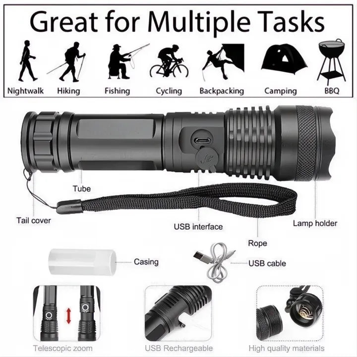 Torcia Elettrica 90000 Lumen Xhp50.2 Alta Potenza per Escursionismo e Attività Outdoor-VISOTKI